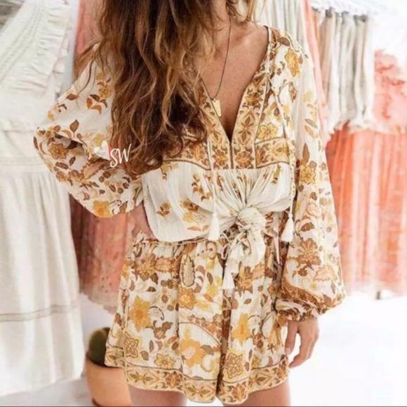 Bohemian Floral Print Tunic Peasant Top Yellow - Picture 2 of 8